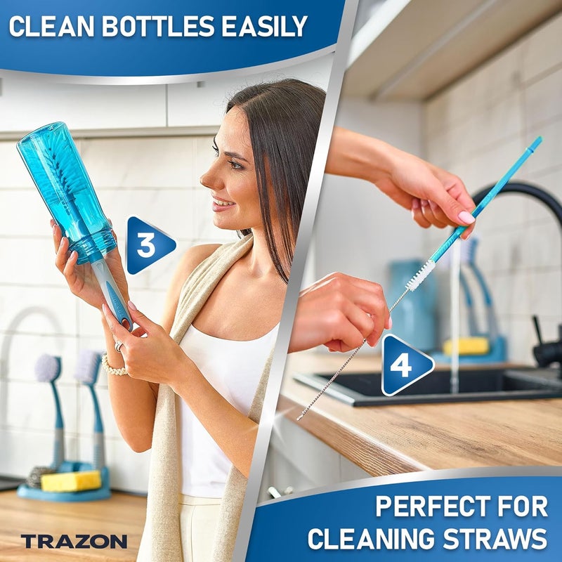 Trazon Dish Brush Set of 5 with Convenient Holder, Bottle Water Brush, Dish Scrub Brush, Scrubber Brush and Straw Brush - Kitchen Scrub Brushes Non Slip Long Handle for Sink Dishes Cup Pot - Image 4